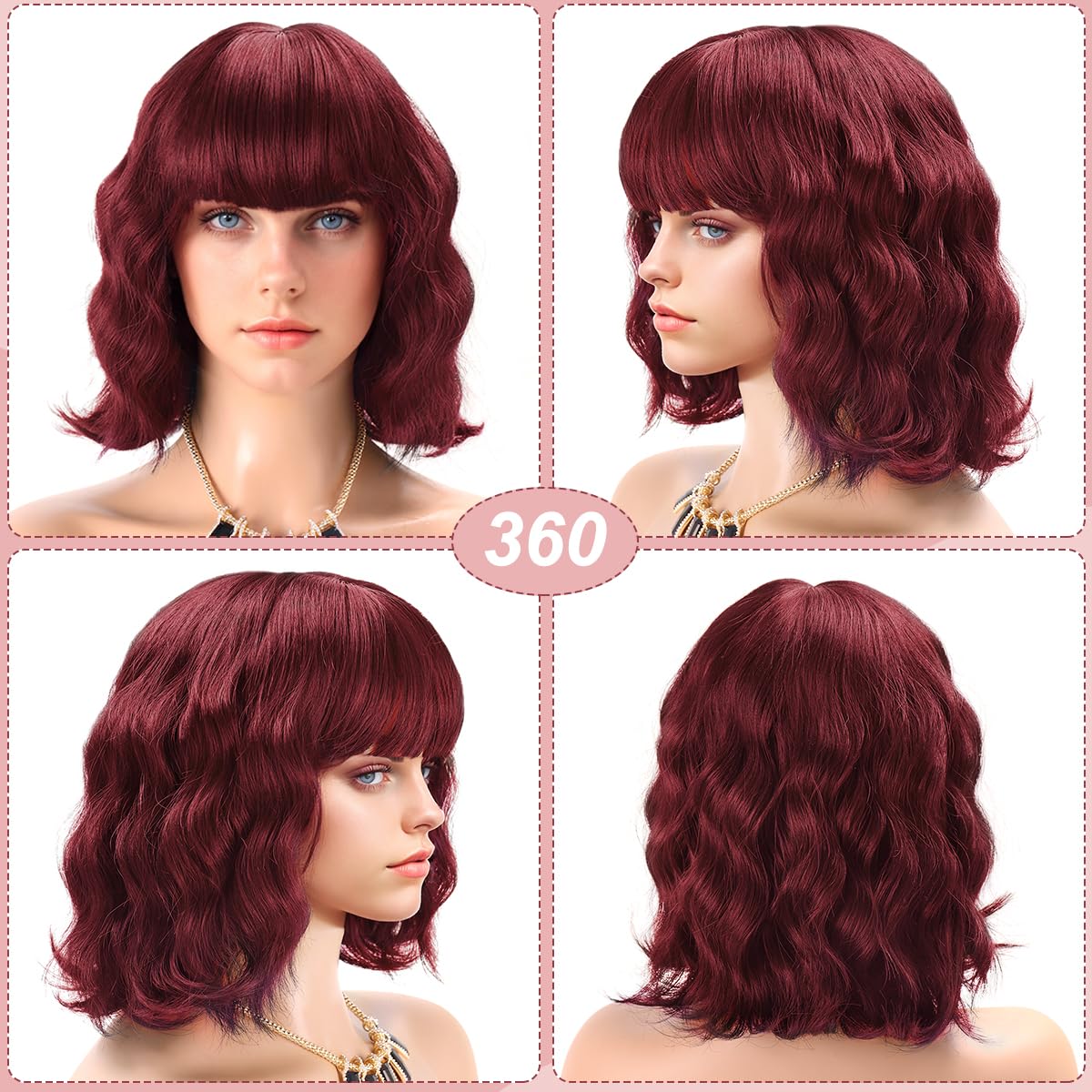 Short Wavy Black Wig with Bangs Bob Short Charming Curly Wavy Wig Women Synthetic Natural Looking Heat Resistant Fiber Hair for Women (14inch)