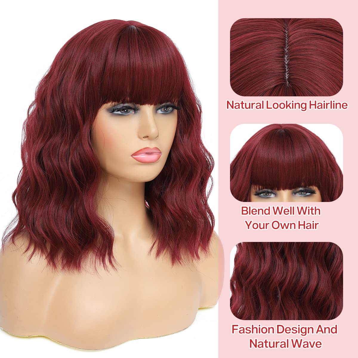 Short Wavy Wig with Bangs Black Mixed Brown Short Bob Wigs Shoulder Length Wear and Go Glueless Wigs Heat Resistant Fiber Synthetic Wig with Bangs