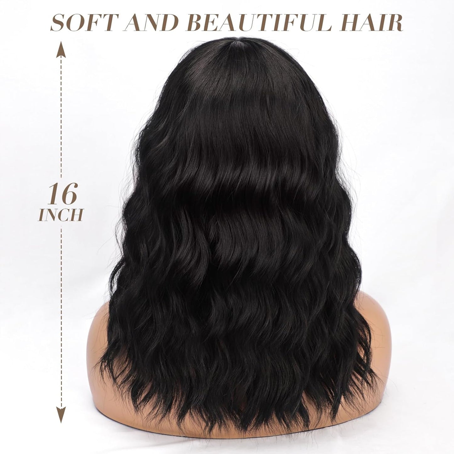 Short Wavy Wig with Bangs for Women Shoulder Length Bob Curly Women's Charming Synthetic Wigs with Natural Wavy Black To Brown Heat Resistant Hair for Daily Party Use