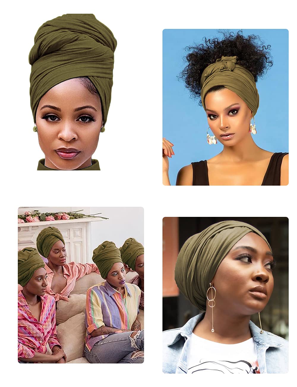 Harewom Black Hair Wrap for Women Long Stretch Jersey Head Scarf Summer Breathable Lightweight Turban Solid Color