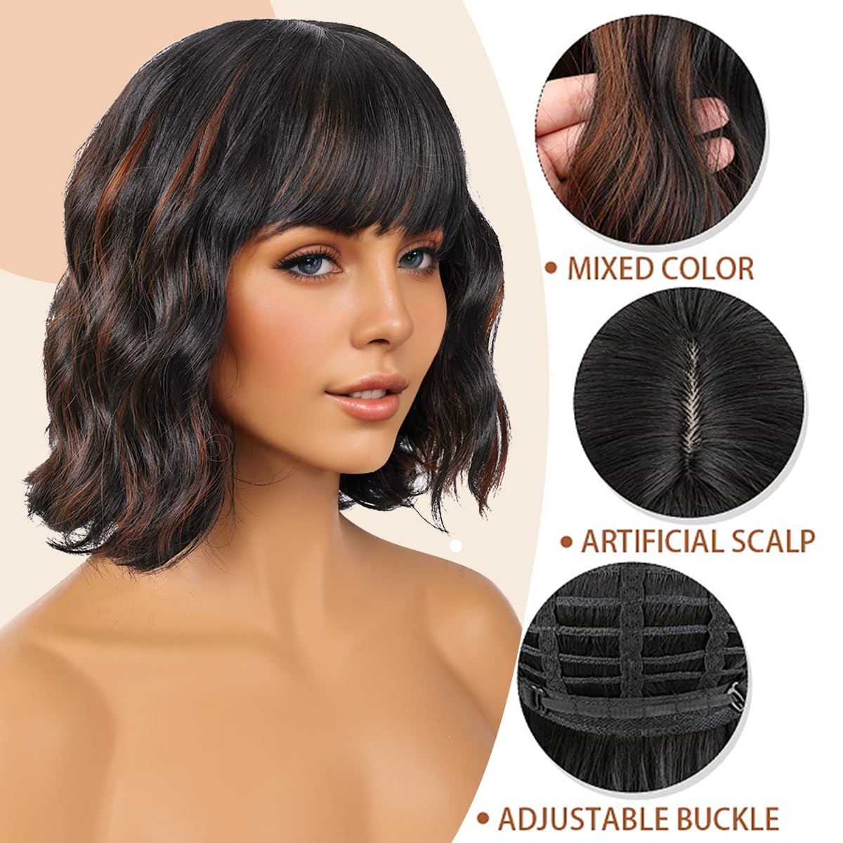 Short Wavy Black Wig with Bangs Bob Short Charming Curly Wavy Wig Women Synthetic Natural Looking Heat Resistant Fiber Hair for Women (14inch)