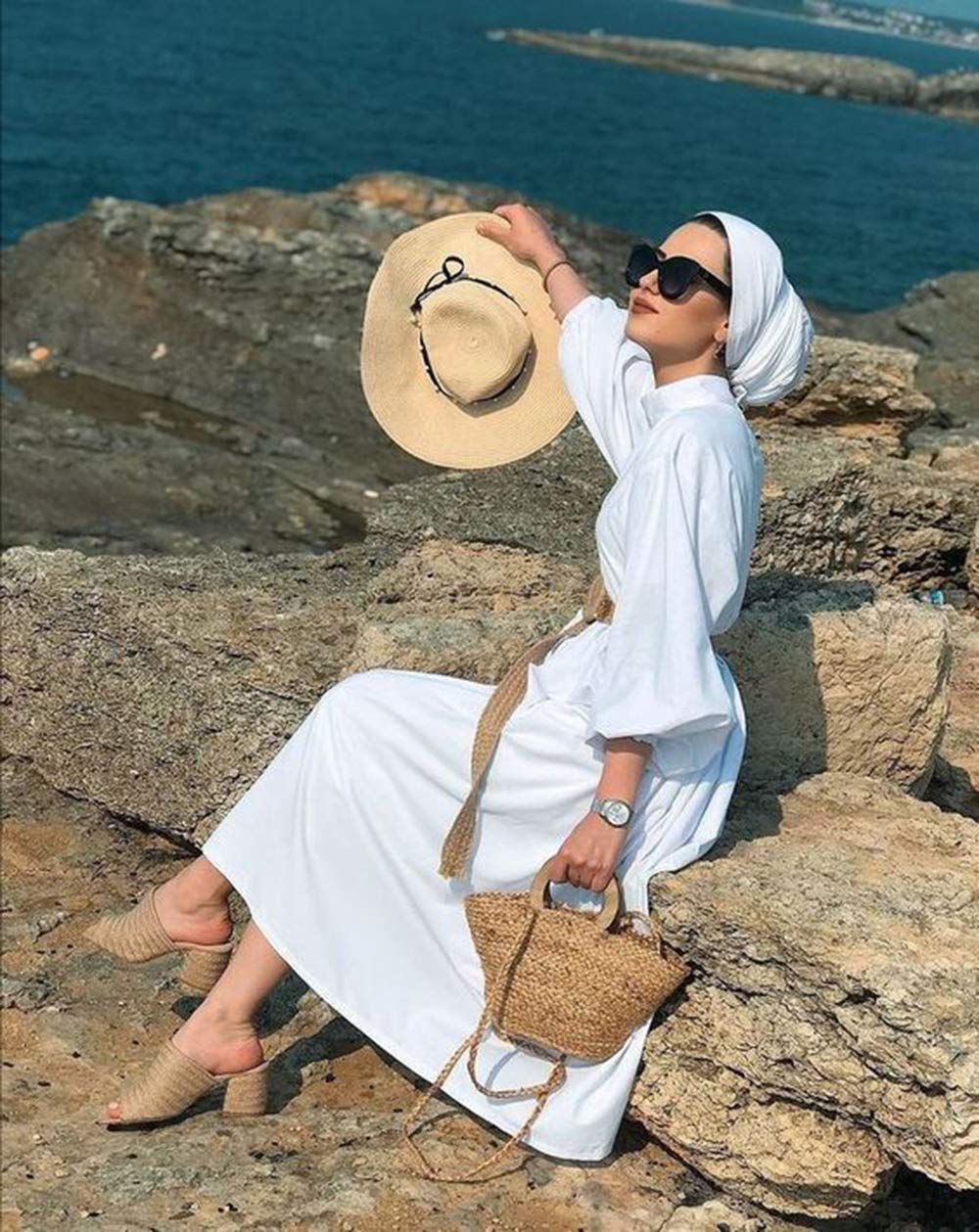 Harewom Black Hair Wrap for Women Long Stretch Jersey Head Scarf Summer Breathable Lightweight Turban Solid Color
