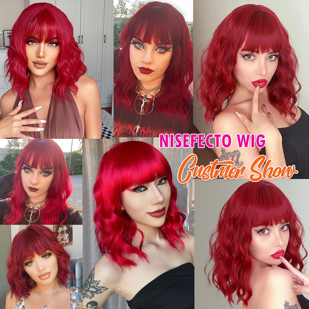 Short Wavy Wig with Bangs Black Mixed Brown Short Bob Wigs Shoulder Length Wear and Go Glueless Wigs Heat Resistant Fiber Synthetic Wig with Bangs