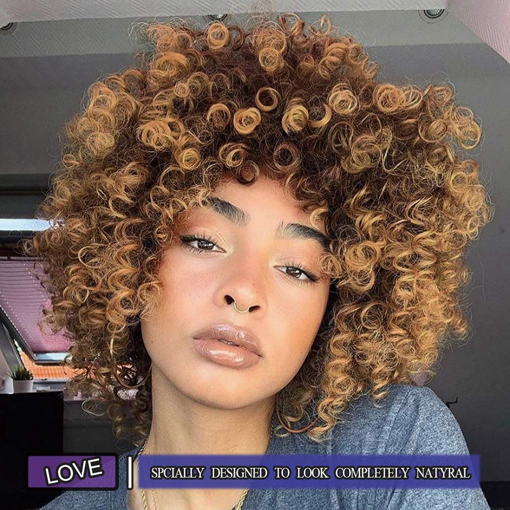 Kinky Curly Afro Wig with Bangs Ombre Gray Color Synthetic Mixed Wigs with 1 Wig Comb and 4pcs Wig Caps