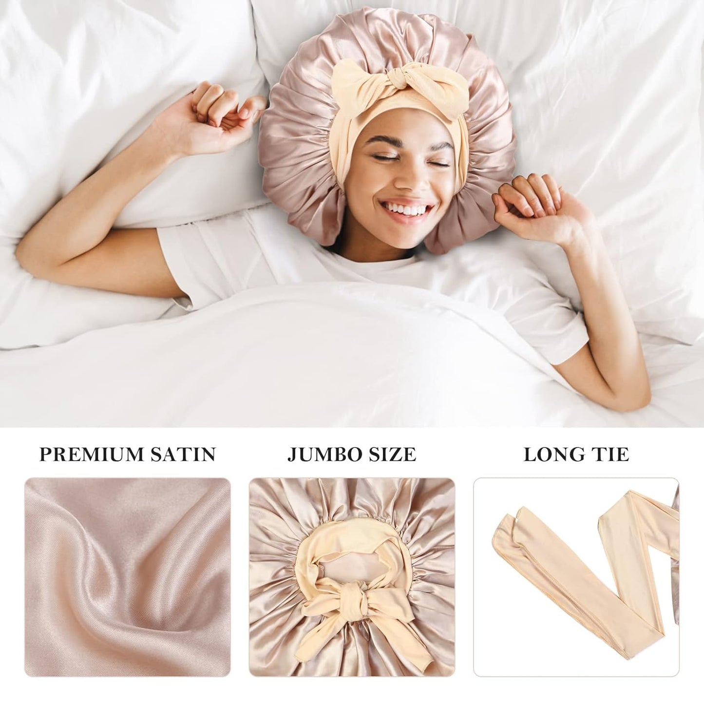 3Pcs Bonnet Silk Bonnet for Sleeping, Satin Bonnet for Sleeping Extra Large Hair Bonnets for Sleeping Black Curly Hair Women Jumbo Bonnet with Tie Band Braids