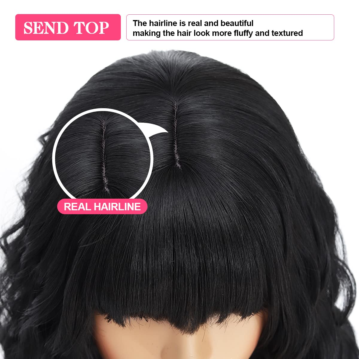 Short Wavy Wig with Bangs Black Mixed Brown Short Bob Wigs Shoulder Length Wear and Go Glueless Wigs Heat Resistant Fiber Synthetic Wig with Bangs