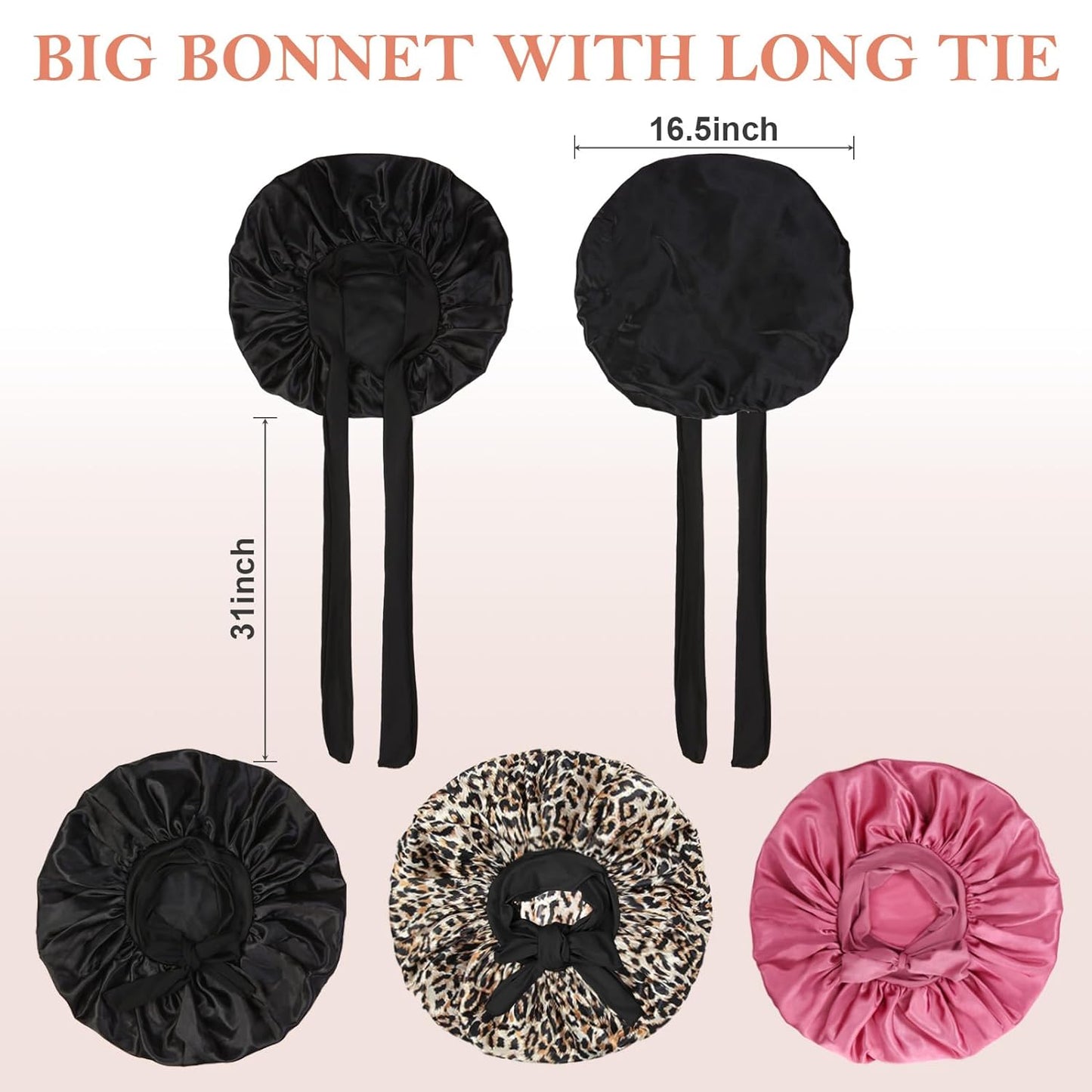 3Pcs Bonnet Silk Bonnet for Sleeping, Satin Bonnet for Sleeping Extra Large Hair Bonnets for Sleeping Black Curly Hair Women Jumbo Bonnet with Tie Band Braids