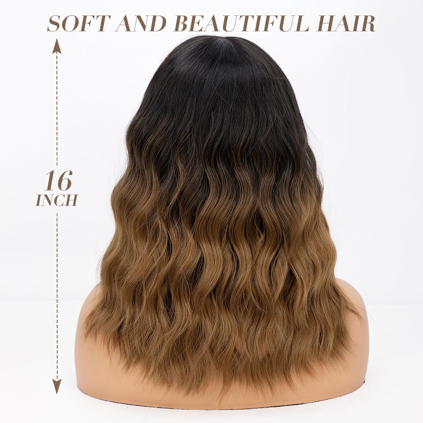 Short Wavy Wig with Bangs for Women Shoulder Length Bob Curly Women's Charming Synthetic Wigs with Natural Wavy Black To Brown Heat Resistant Hair for Daily Party Use