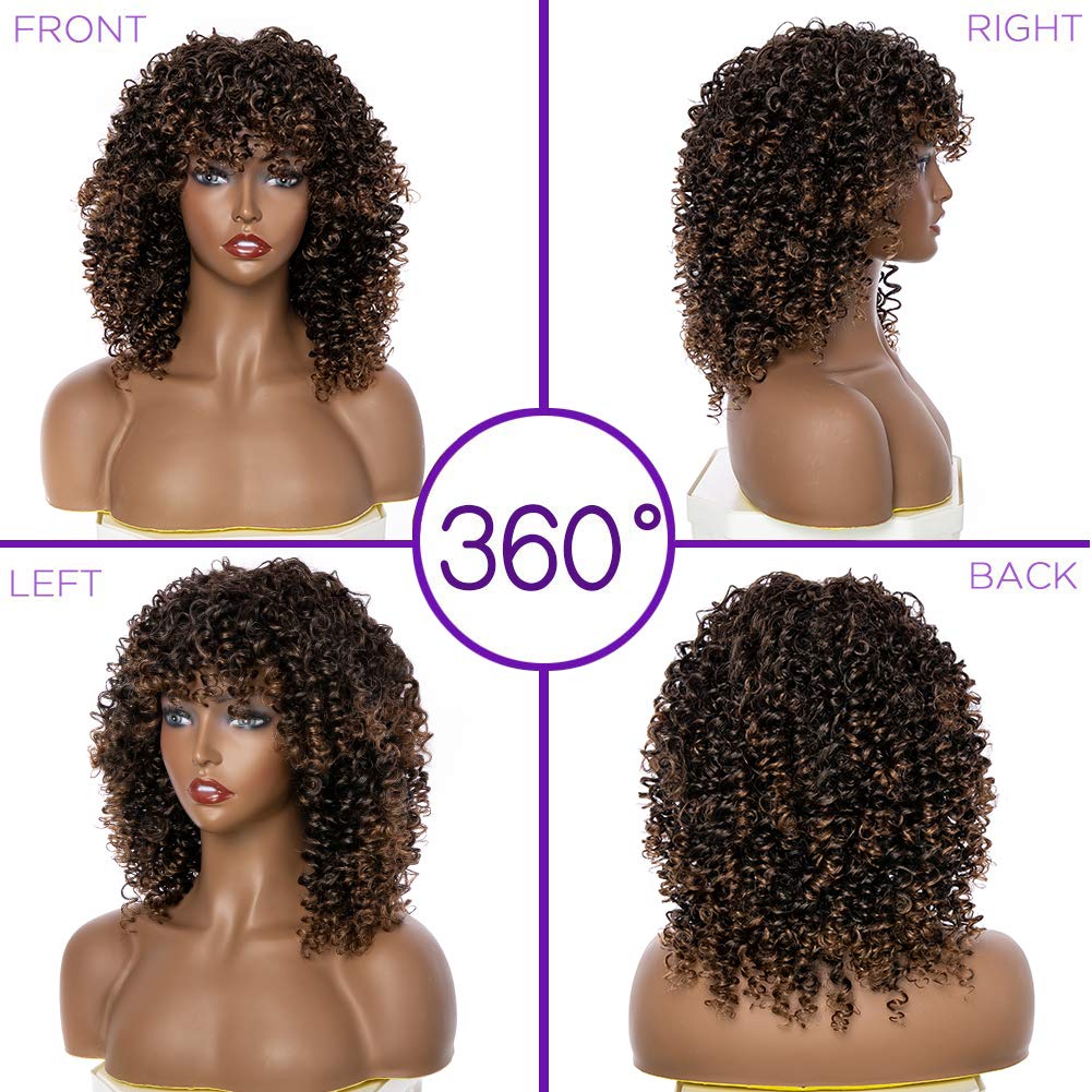 Kinky Curly Afro Wig with Bangs Ombre Gray Color Synthetic Mixed Wigs with 1 Wig Comb and 4pcs Wig Caps
