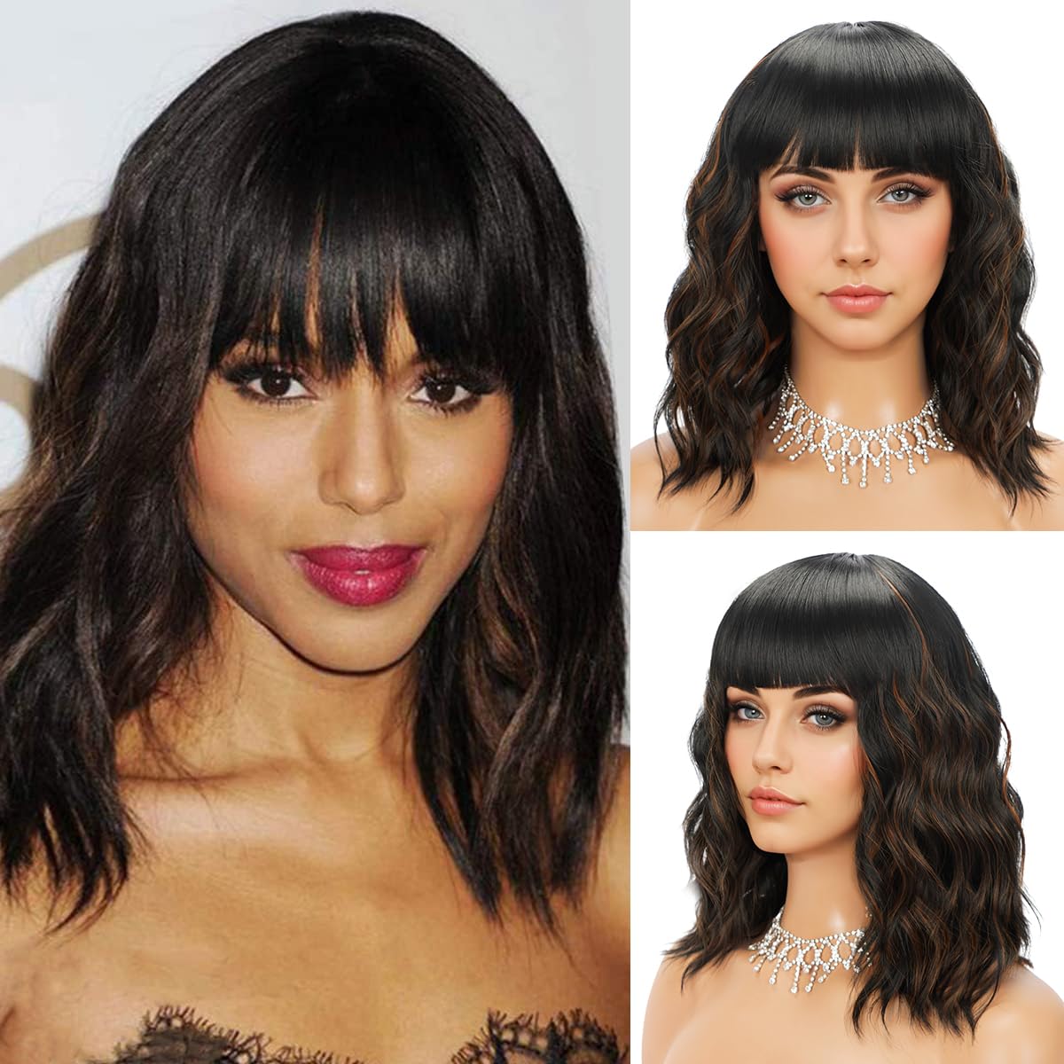 Short Wavy Black Wig with Bangs Bob Short Charming Curly Wavy Wig Women Synthetic Natural Looking Heat Resistant Fiber Hair for Women (14inch)