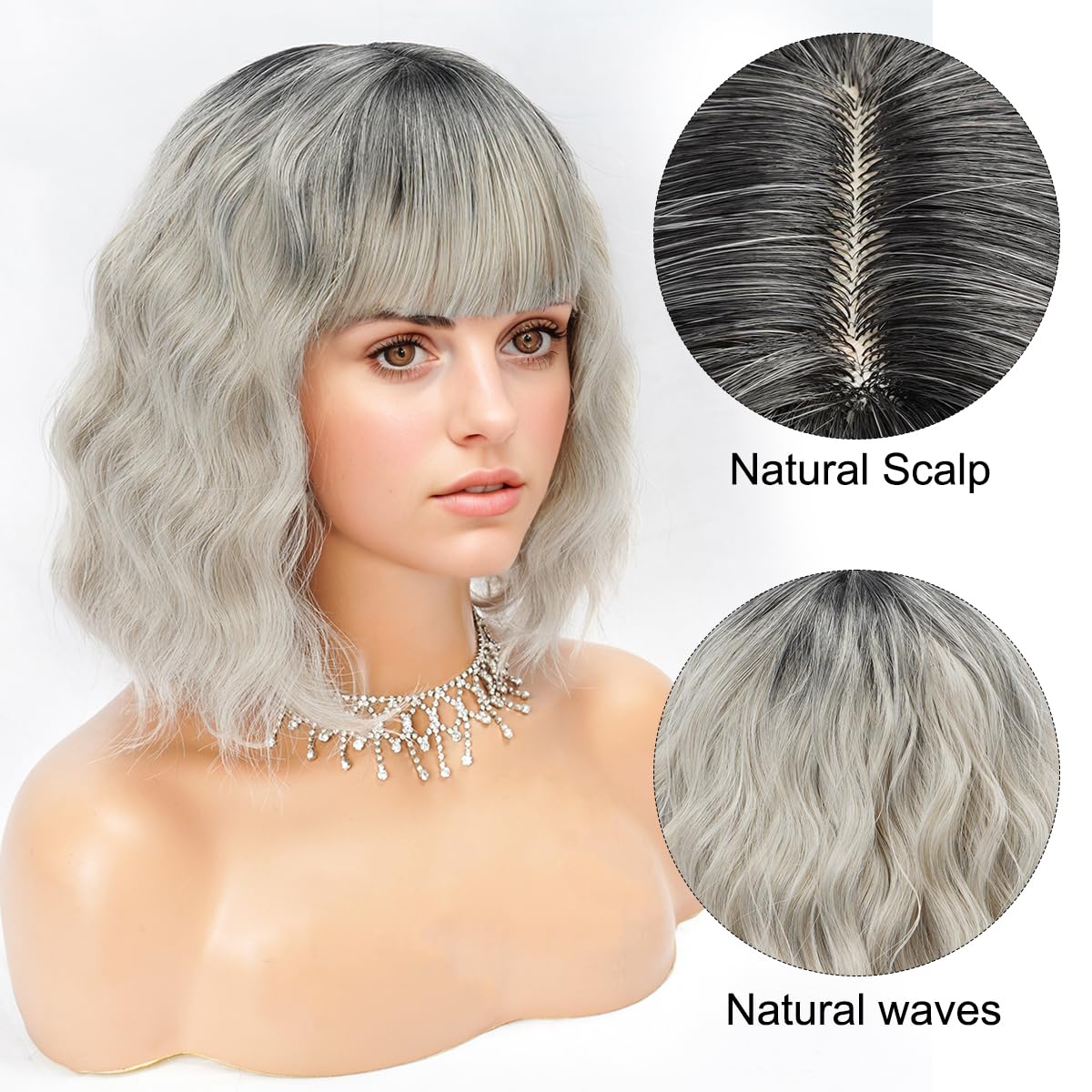 Short Wavy Black Wig with Bangs Bob Short Charming Curly Wavy Wig Women Synthetic Natural Looking Heat Resistant Fiber Hair for Women (14inch)