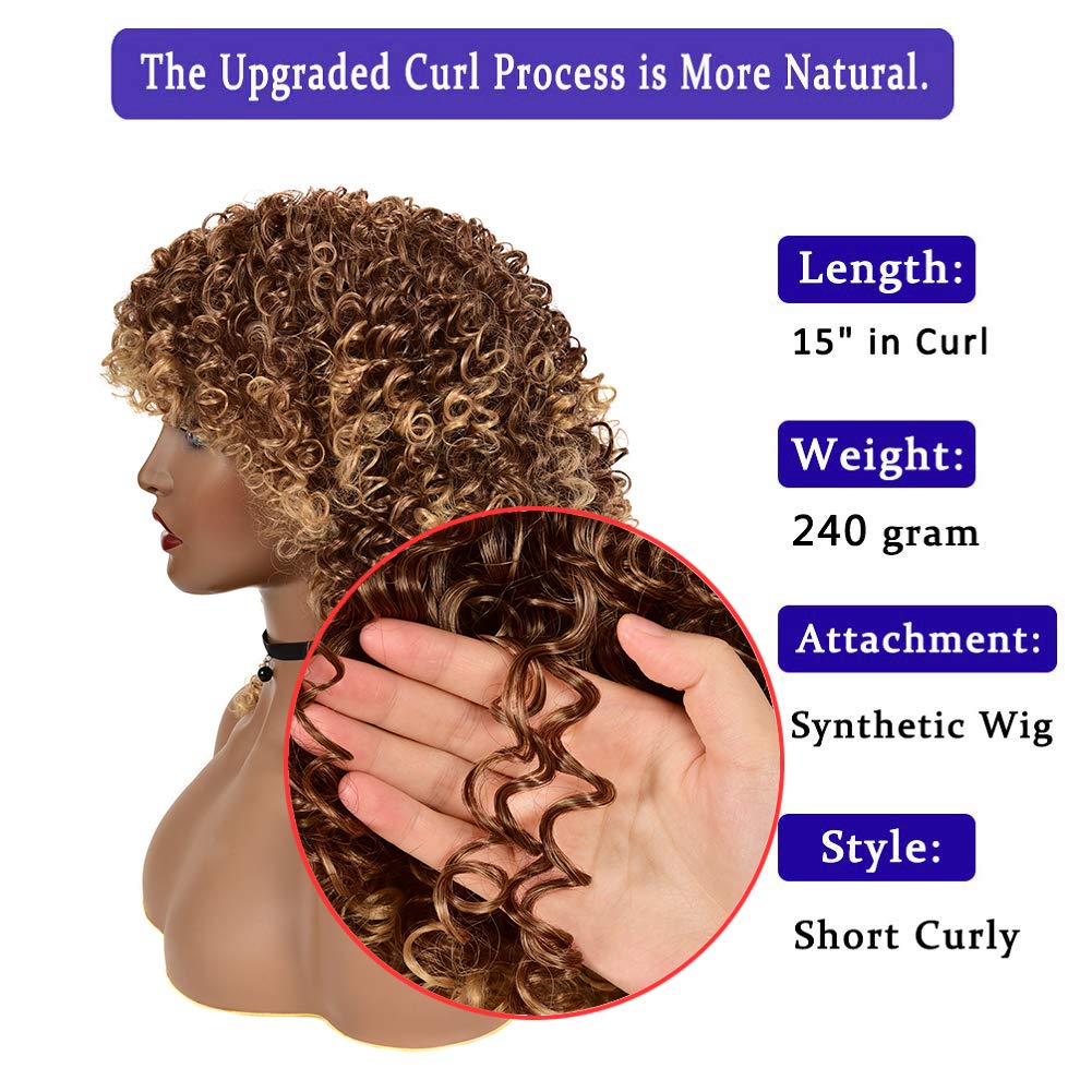 Kinky Curly Afro Wig with Bangs Ombre Gray Color Synthetic Mixed Wigs with 1 Wig Comb and 4pcs Wig Caps
