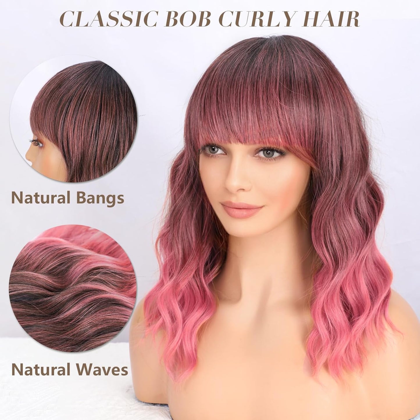 Short Wavy Wig with Bangs for Women Shoulder Length Bob Curly Women's Charming Synthetic Wigs with Natural Wavy Black To Brown Heat Resistant Hair for Daily Party Use