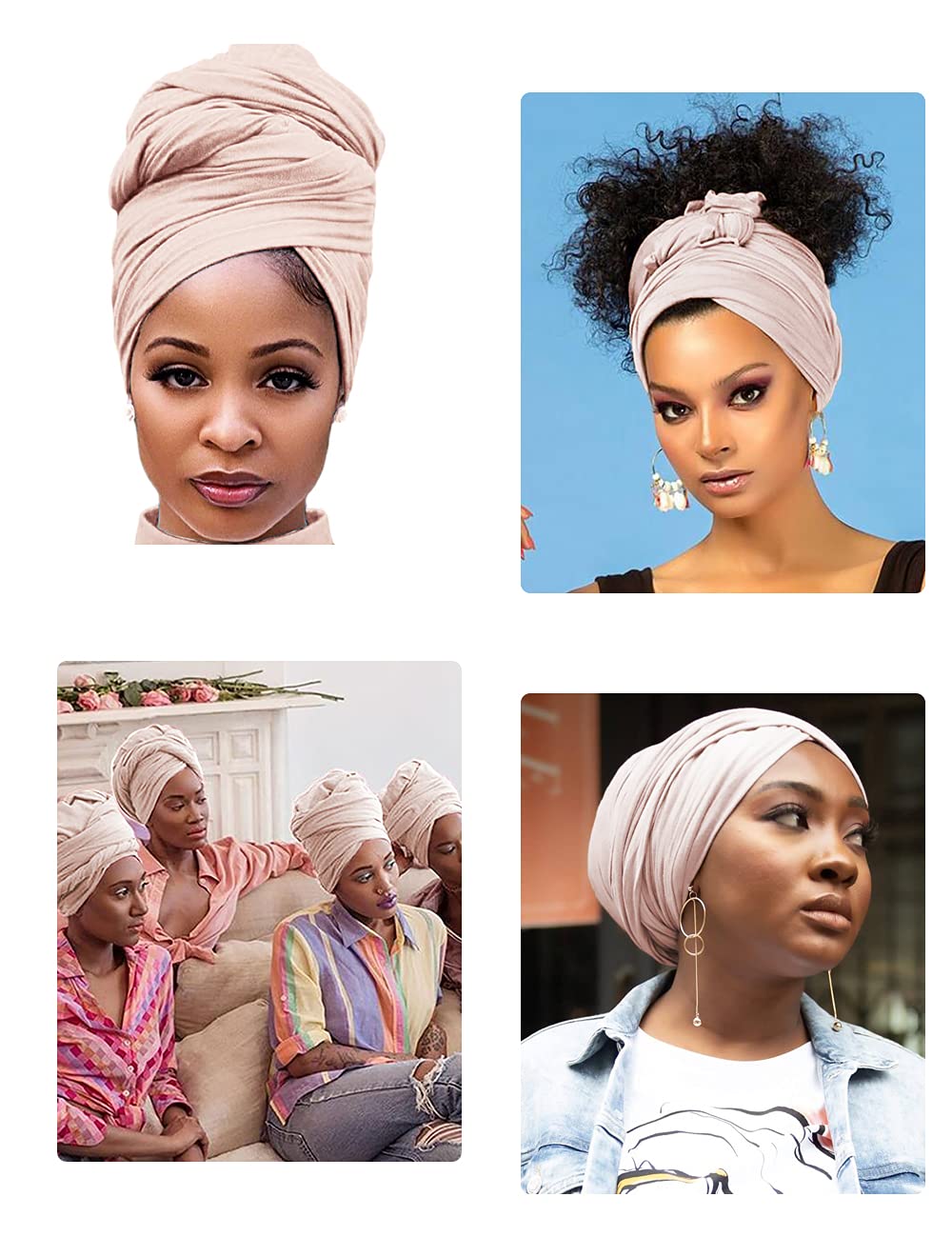 Harewom Black Hair Wrap for Women Long Stretch Jersey Head Scarf Summer Breathable Lightweight Turban Solid Color