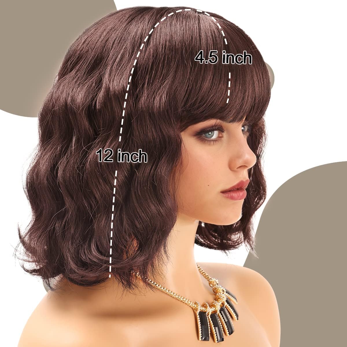 Short Wavy Black Wig with Bangs Bob Short Charming Curly Wavy Wig Women Synthetic Natural Looking Heat Resistant Fiber Hair for Women (14inch)