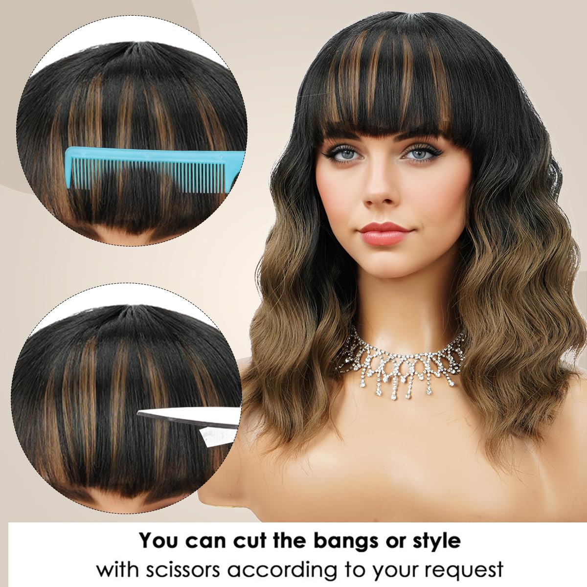 Short Wavy Black Wig with Bangs Bob Short Charming Curly Wavy Wig Women Synthetic Natural Looking Heat Resistant Fiber Hair for Women (14inch)