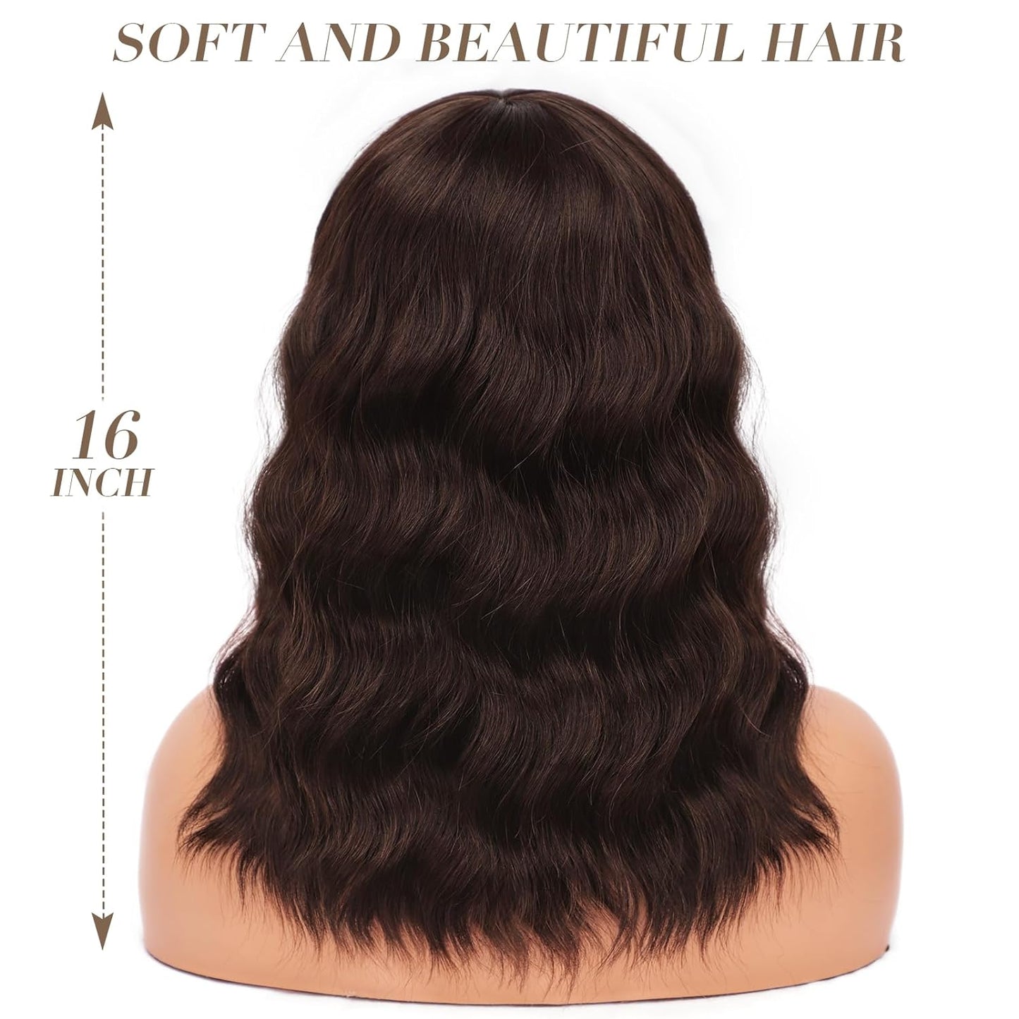 Short Wavy Wig with Bangs for Women Shoulder Length Bob Curly Women's Charming Synthetic Wigs with Natural Wavy Black To Brown Heat Resistant Hair for Daily Party Use