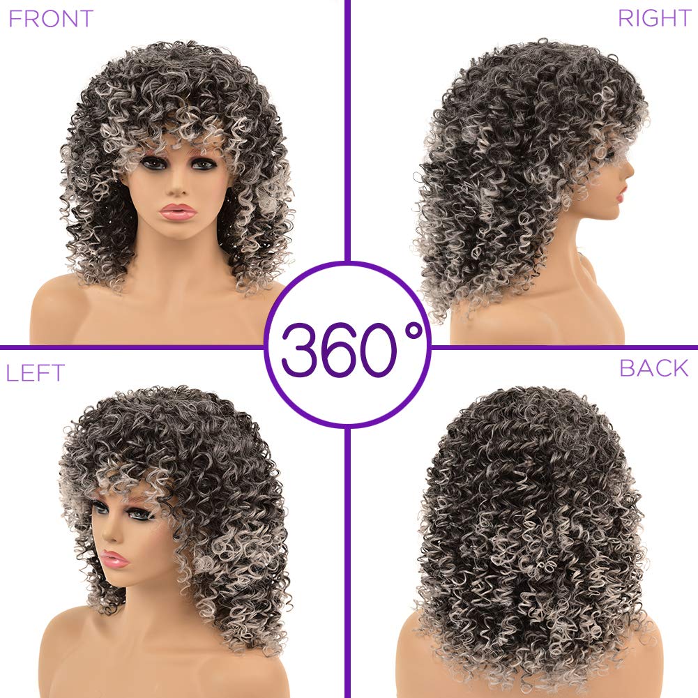 Kinky Curly Afro Wig with Bangs Ombre Gray Color Synthetic Mixed Wigs with 1 Wig Comb and 4pcs Wig Caps