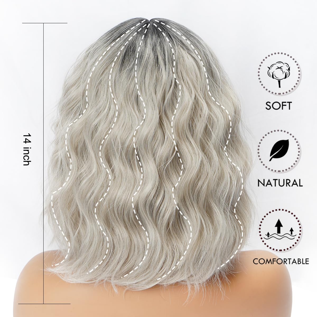 Short Wavy Black Wig with Bangs Bob Short Charming Curly Wavy Wig Women Synthetic Natural Looking Heat Resistant Fiber Hair for Women (14inch)