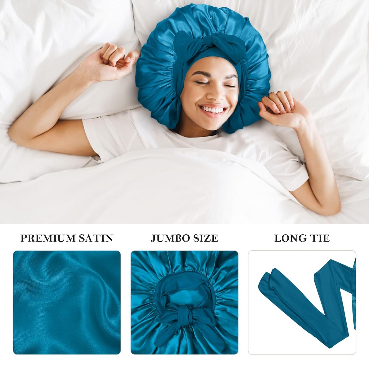 3Pcs Bonnet Silk Bonnet for Sleeping, Satin Bonnet for Sleeping Extra Large Hair Bonnets for Sleeping Black Curly Hair Women Jumbo Bonnet with Tie Band Braids