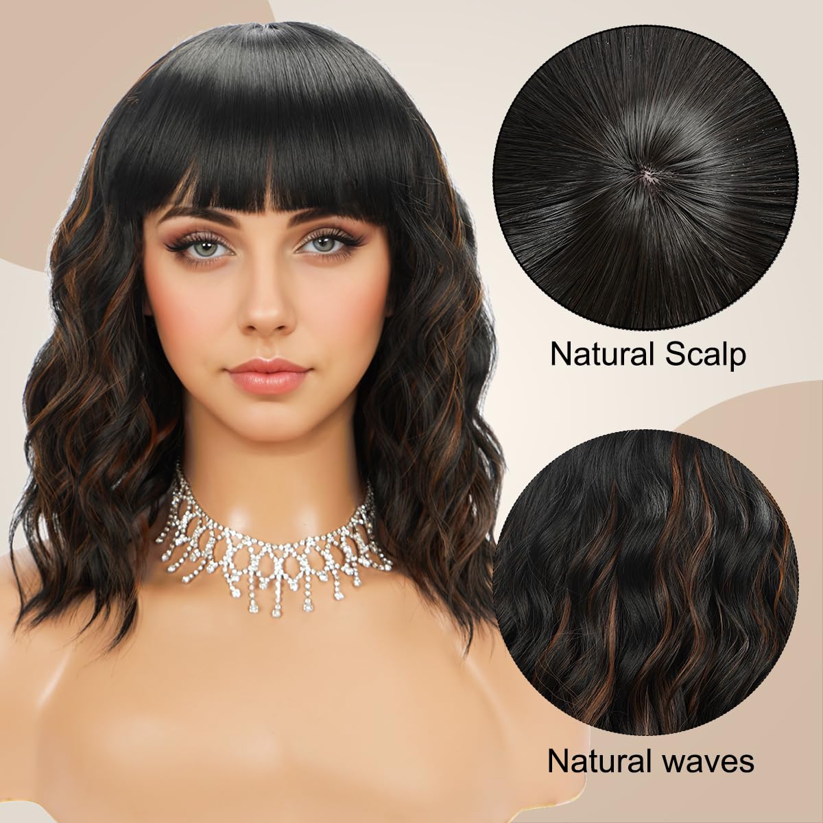Short Wavy Black Wig with Bangs Bob Short Charming Curly Wavy Wig Women Synthetic Natural Looking Heat Resistant Fiber Hair for Women (14inch)