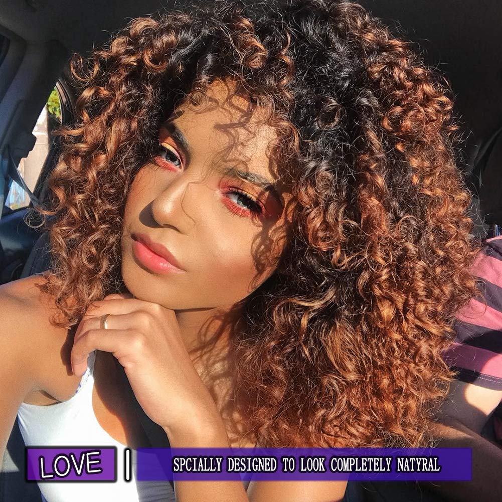 Kinky Curly Afro Wig with Bangs Ombre Gray Color Synthetic Mixed Wigs with 1 Wig Comb and 4pcs Wig Caps