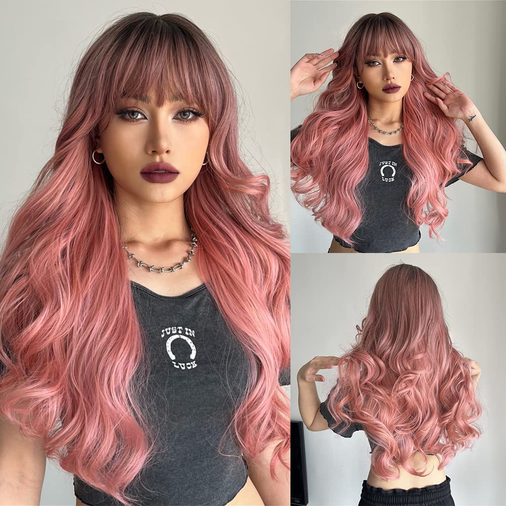 Black Wigs for Women Long Curly Wigs With Bangs Water Wavy Synthetic Wig, Party Cosplay Daily Use