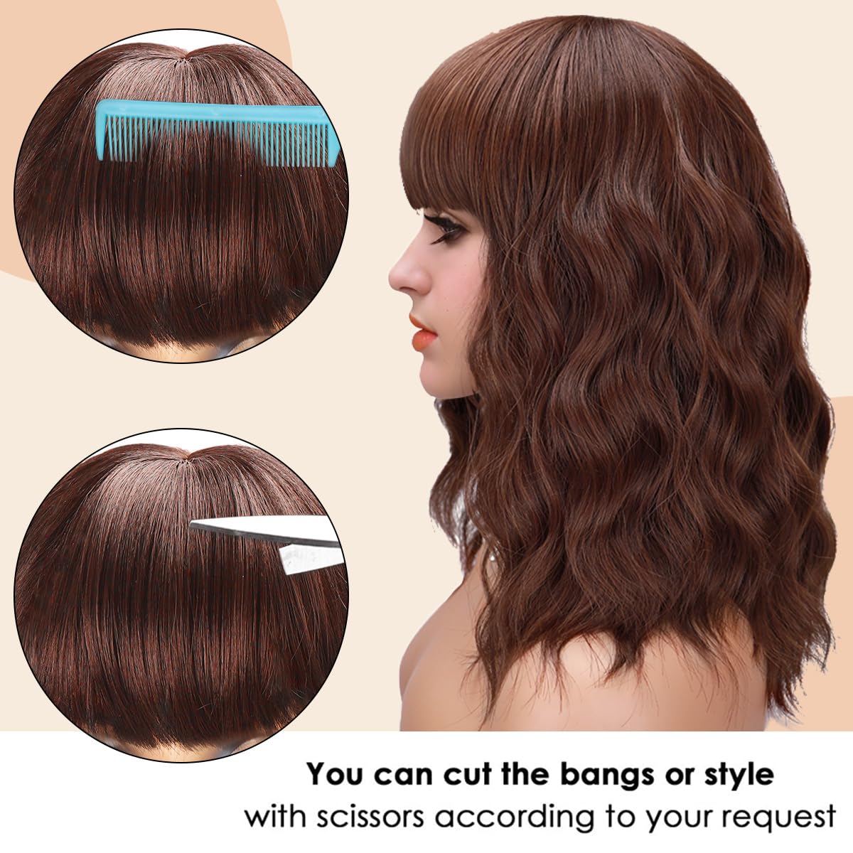 Short Wavy Black Wig with Bangs Bob Short Charming Curly Wavy Wig Women Synthetic Natural Looking Heat Resistant Fiber Hair for Women (14inch)