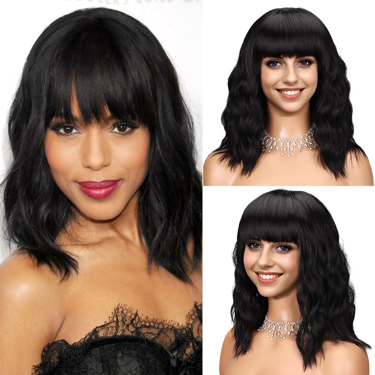 Short Wavy Black Wig with Bangs Bob Short Charming Curly Wavy Wig Women Synthetic Natural Looking Heat Resistant Fiber Hair for Women (14inch)