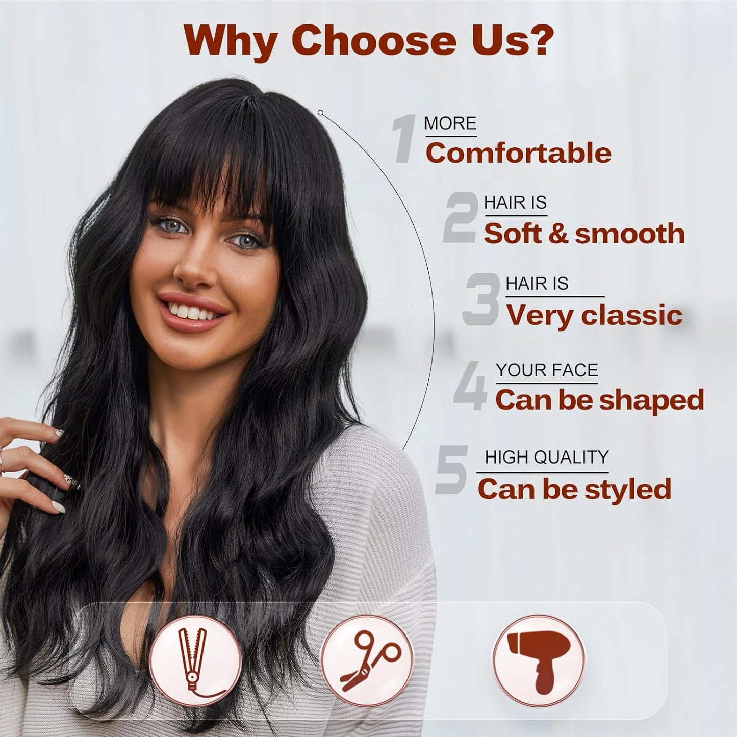 Black Wigs for Women Long Curly Wigs With Bangs Water Wavy Synthetic Wig, Party Cosplay Daily Use