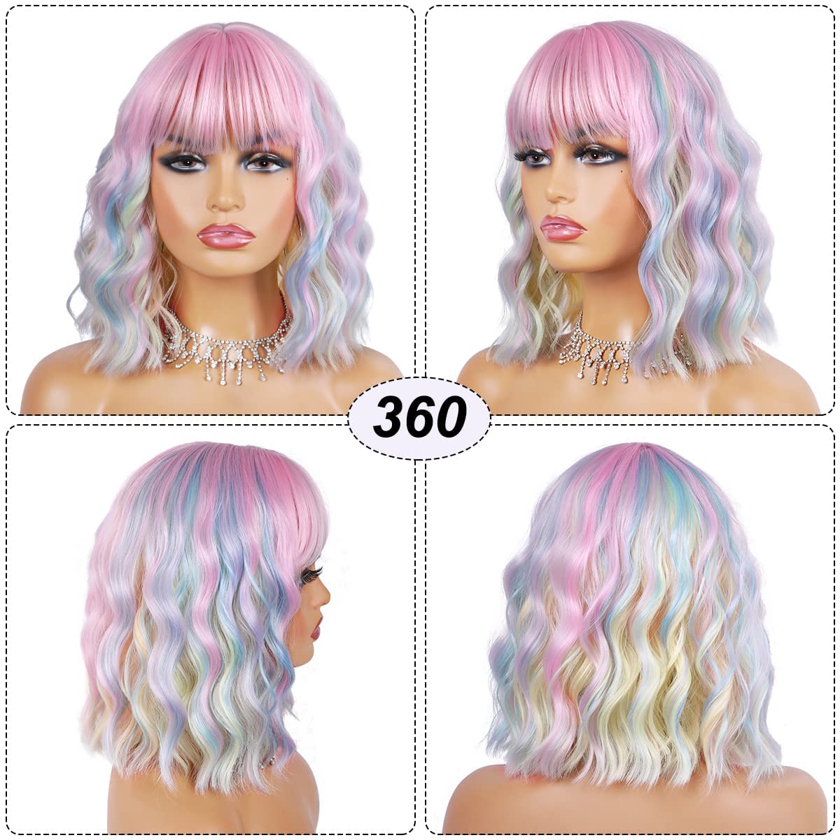 Short Wavy Black Wig with Bangs Bob Short Charming Curly Wavy Wig Women Synthetic Natural Looking Heat Resistant Fiber Hair for Women (14inch)