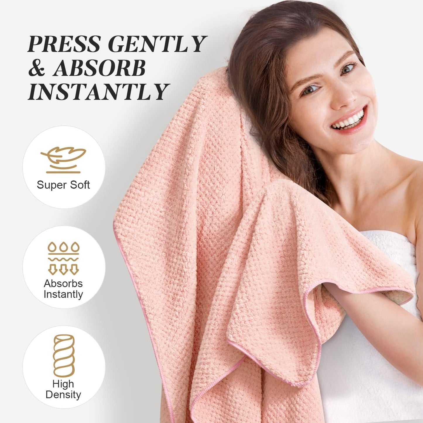 Large Microfiber Hair Towel Wrap for Women, Super Absorbent Hair Drying Towel with Elastic Strap, Anti Frizz Fast Drying Hair Turbans for Long, Thick, Curly Hair, Soft Hair Wrap Towels Pink