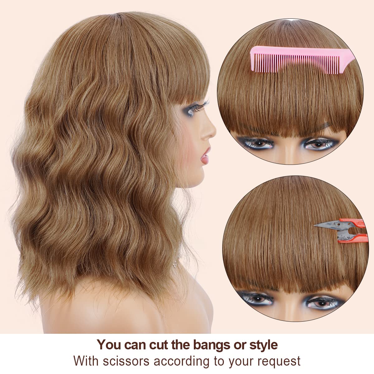 Short Wavy Black Wig with Bangs Bob Short Charming Curly Wavy Wig Women Synthetic Natural Looking Heat Resistant Fiber Hair for Women (14inch)
