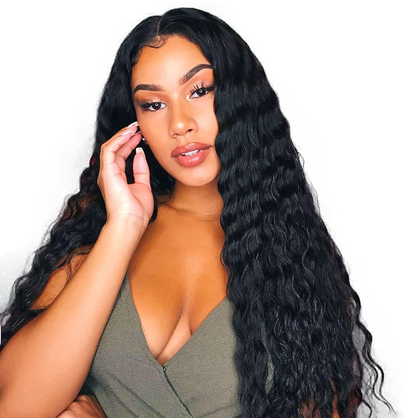 28'' Curly Wig Long Synthetic Wigs for Black Women Loose Deep Wave Lace Front Wig 4'' Simulated Scalp Middle Part Natural Crimps Curls Hair Replacement Wigs
