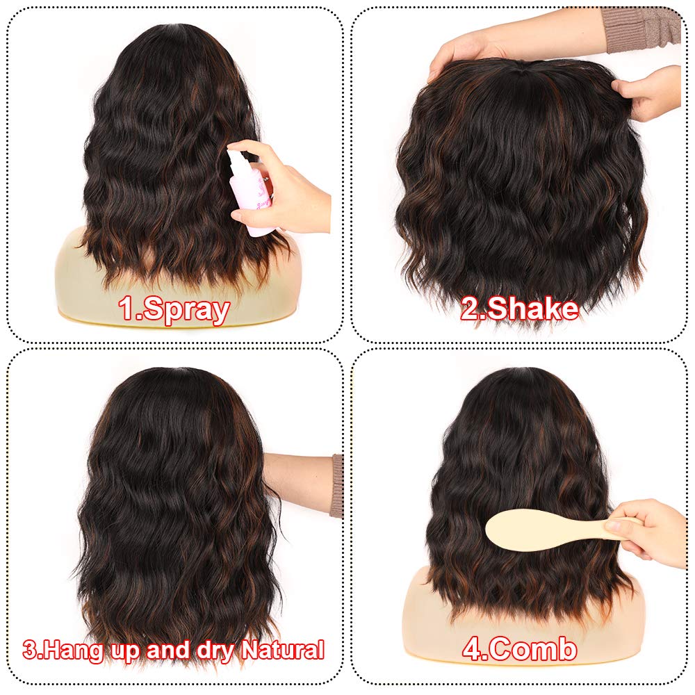 Short Wavy Black Wig with Bangs Bob Short Charming Curly Wavy Wig Women Synthetic Natural Looking Heat Resistant Fiber Hair for Women (14inch)