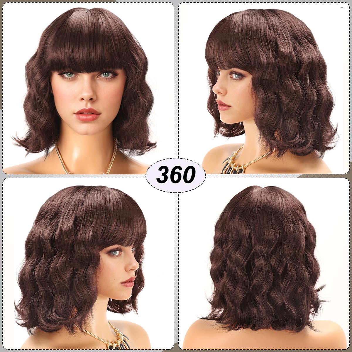 Short Wavy Black Wig with Bangs Bob Short Charming Curly Wavy Wig Women Synthetic Natural Looking Heat Resistant Fiber Hair for Women (14inch)