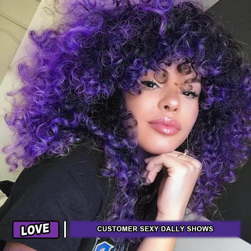 Kinky Curly Afro Wig with Bangs Ombre Gray Color Synthetic Mixed Wigs with 1 Wig Comb and 4pcs Wig Caps