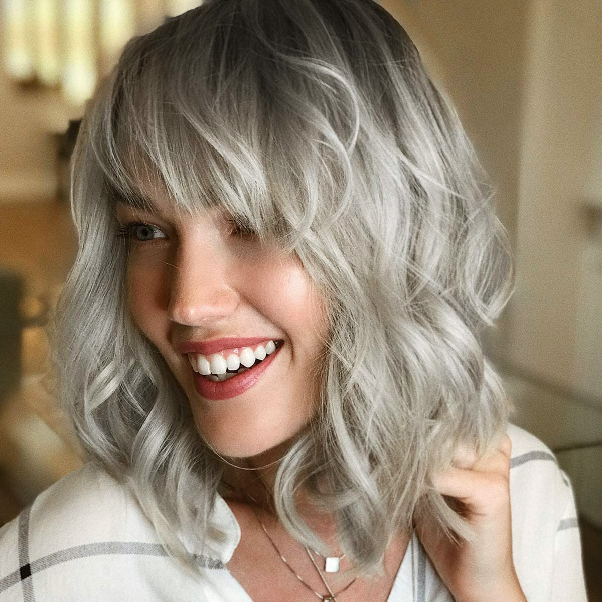 Short Wavy Black Wig with Bangs Bob Short Charming Curly Wavy Wig Women Synthetic Natural Looking Heat Resistant Fiber Hair for Women (14inch)