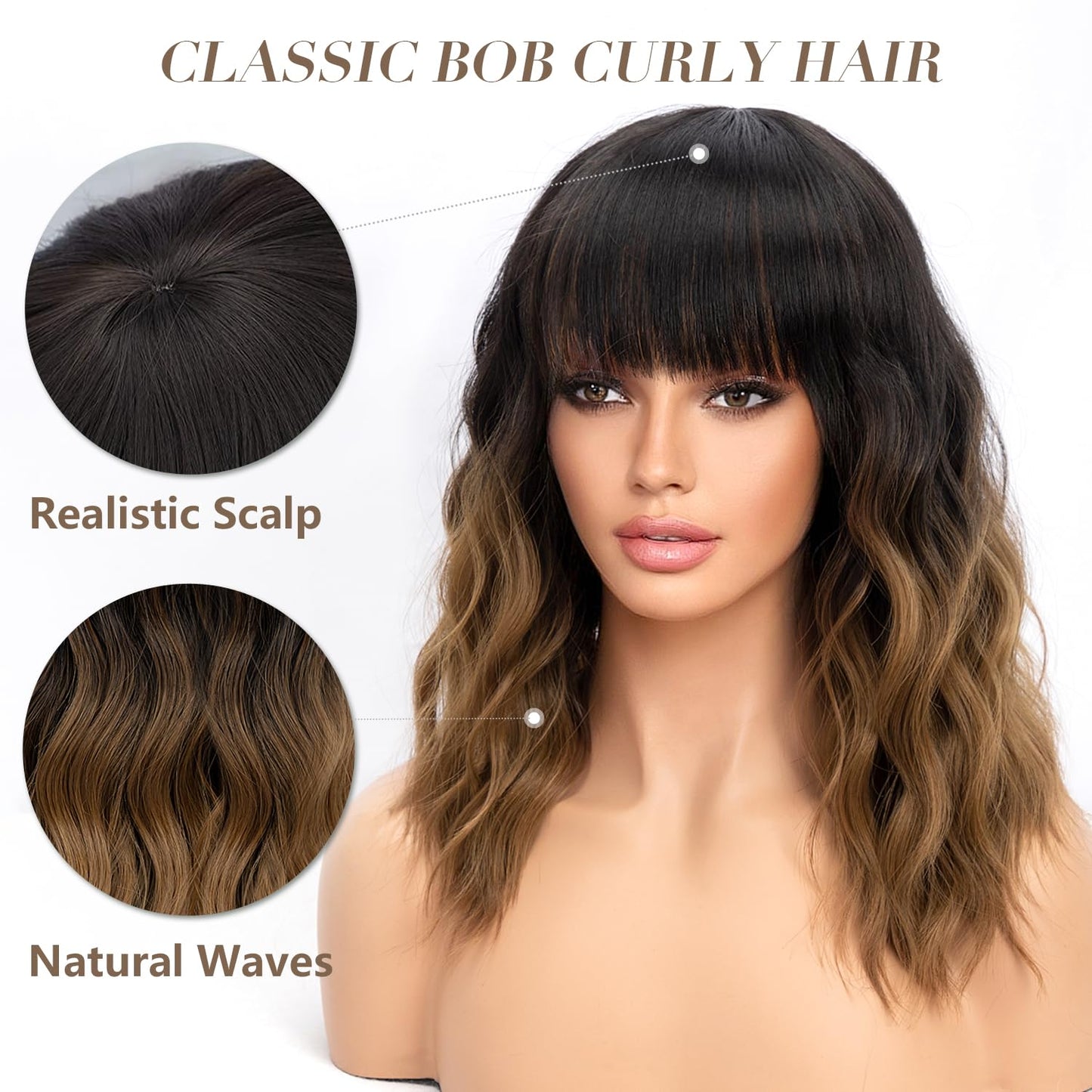 Short Wavy Wig with Bangs for Women Shoulder Length Bob Curly Women's Charming Synthetic Wigs with Natural Wavy Black To Brown Heat Resistant Hair for Daily Party Use