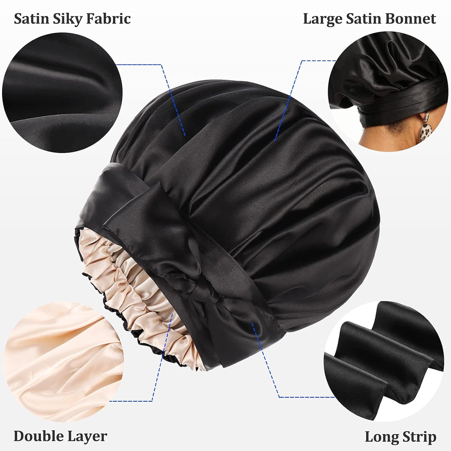 Satin Bonnet for Women, Silk Bonnet for Curly Hair, Silk Hair Bonnet for Sleeping Satin Bonnets for Black Women, Extra Large Bonnet with Tie Band