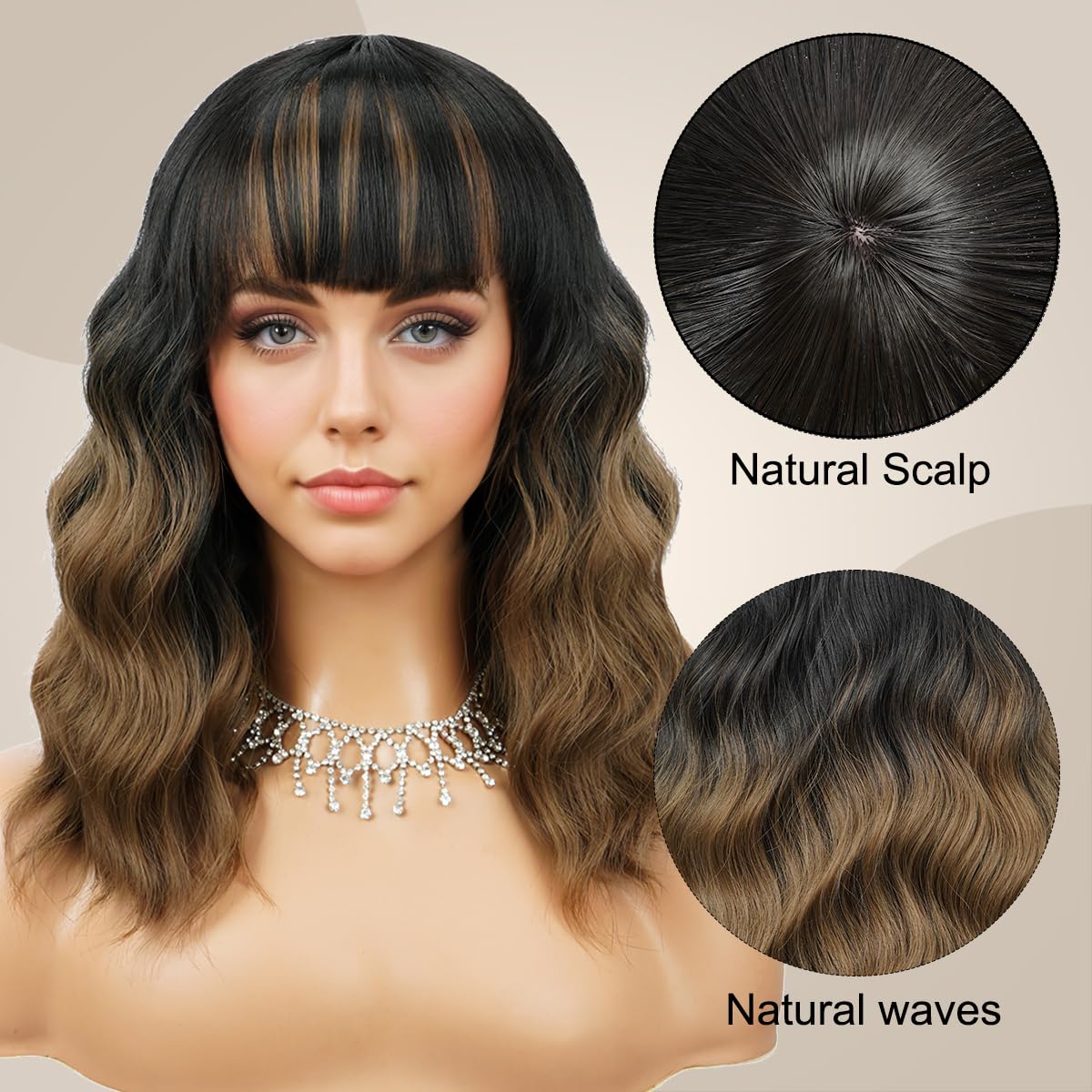 Short Wavy Black Wig with Bangs Bob Short Charming Curly Wavy Wig Women Synthetic Natural Looking Heat Resistant Fiber Hair for Women (14inch)