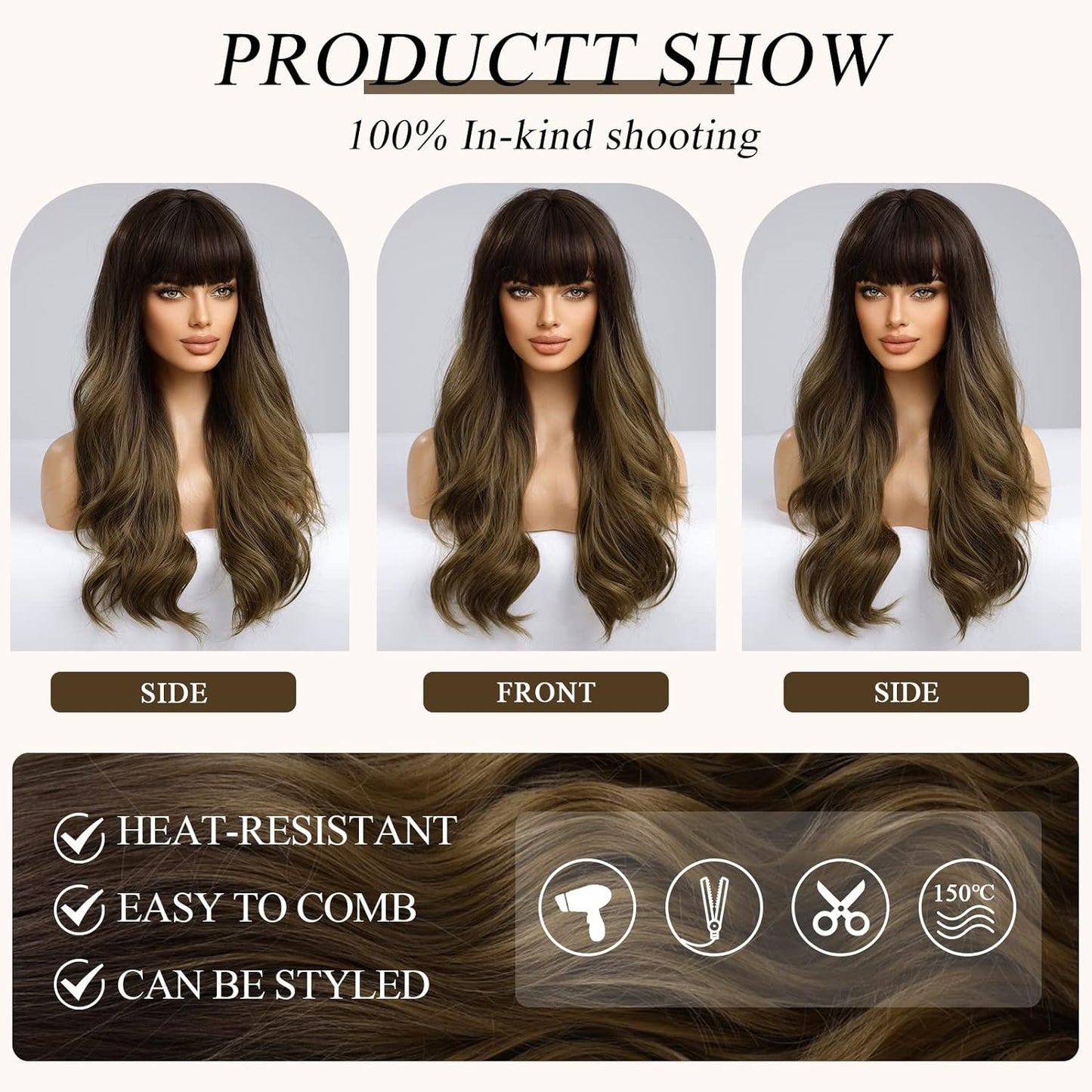 Black Wigs for Women Long Curly Wigs With Bangs Water Wavy Synthetic Wig, Party Cosplay Daily Use