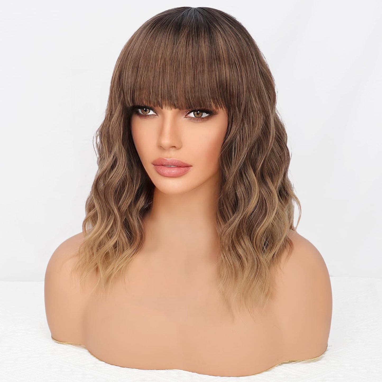 Short Wavy Wig with Bangs for Women Shoulder Length Bob Curly Women's Charming Synthetic Wigs with Natural Wavy Black To Brown Heat Resistant Hair for Daily Party Use