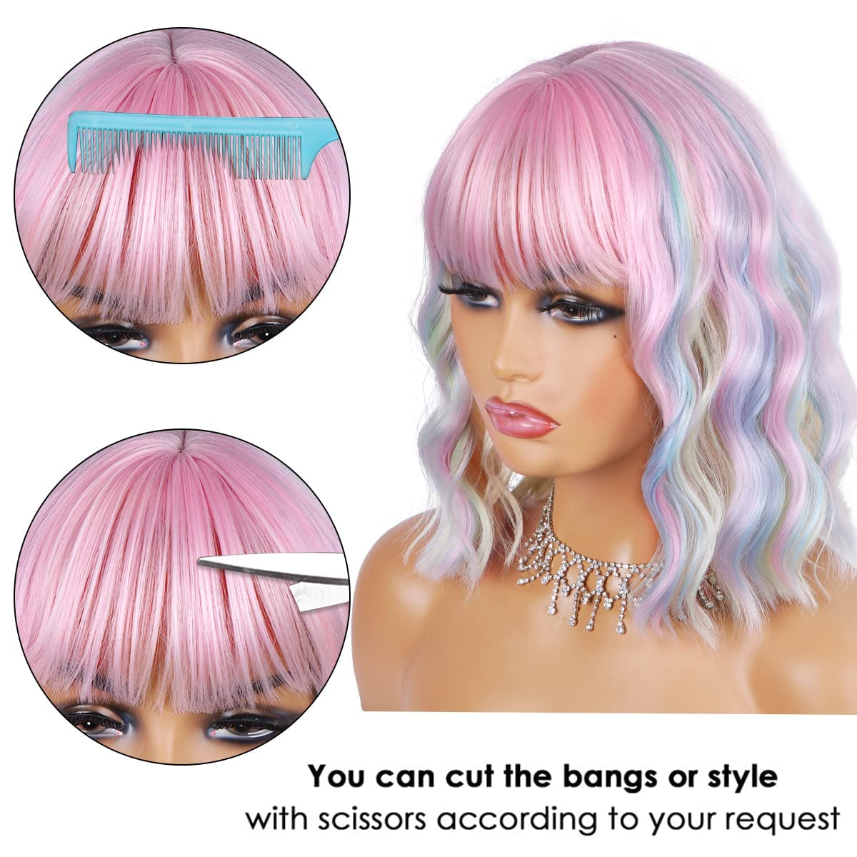 Short Wavy Black Wig with Bangs Bob Short Charming Curly Wavy Wig Women Synthetic Natural Looking Heat Resistant Fiber Hair for Women (14inch)