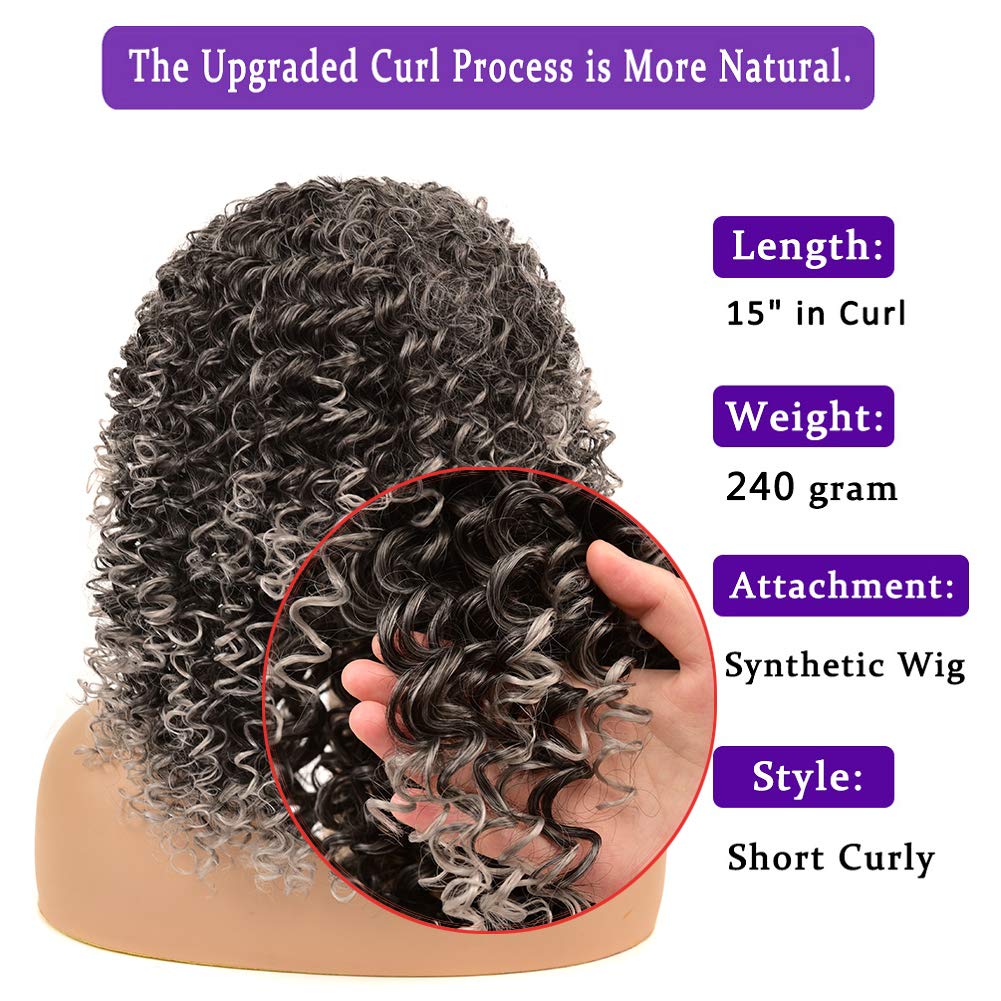 Kinky Curly Afro Wig with Bangs Ombre Gray Color Synthetic Mixed Wigs with 1 Wig Comb and 4pcs Wig Caps