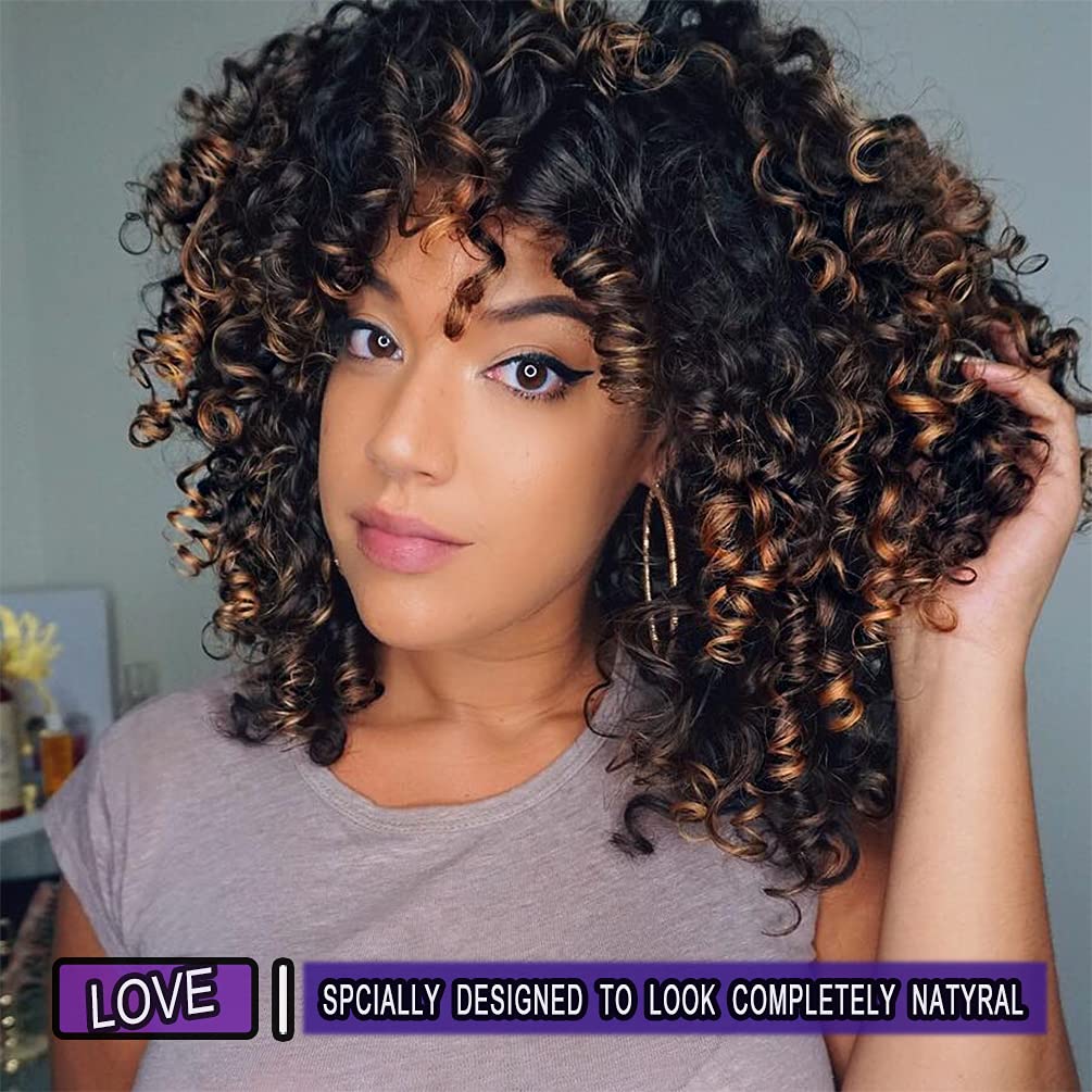Kinky Curly Afro Wig with Bangs Ombre Gray Color Synthetic Mixed Wigs with 1 Wig Comb and 4pcs Wig Caps