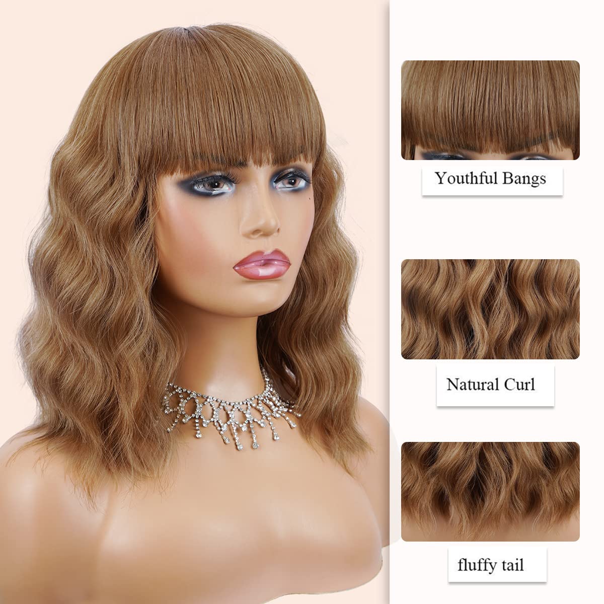 Short Wavy Black Wig with Bangs Bob Short Charming Curly Wavy Wig Women Synthetic Natural Looking Heat Resistant Fiber Hair for Women (14inch)