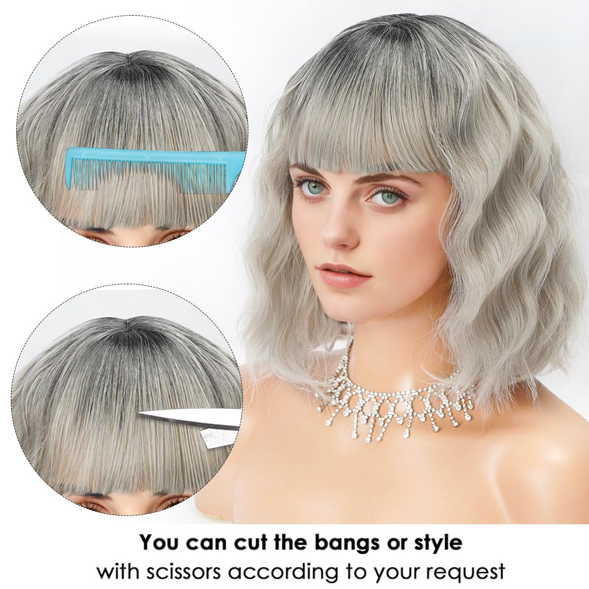 Short Wavy Black Wig with Bangs Bob Short Charming Curly Wavy Wig Women Synthetic Natural Looking Heat Resistant Fiber Hair for Women (14inch)