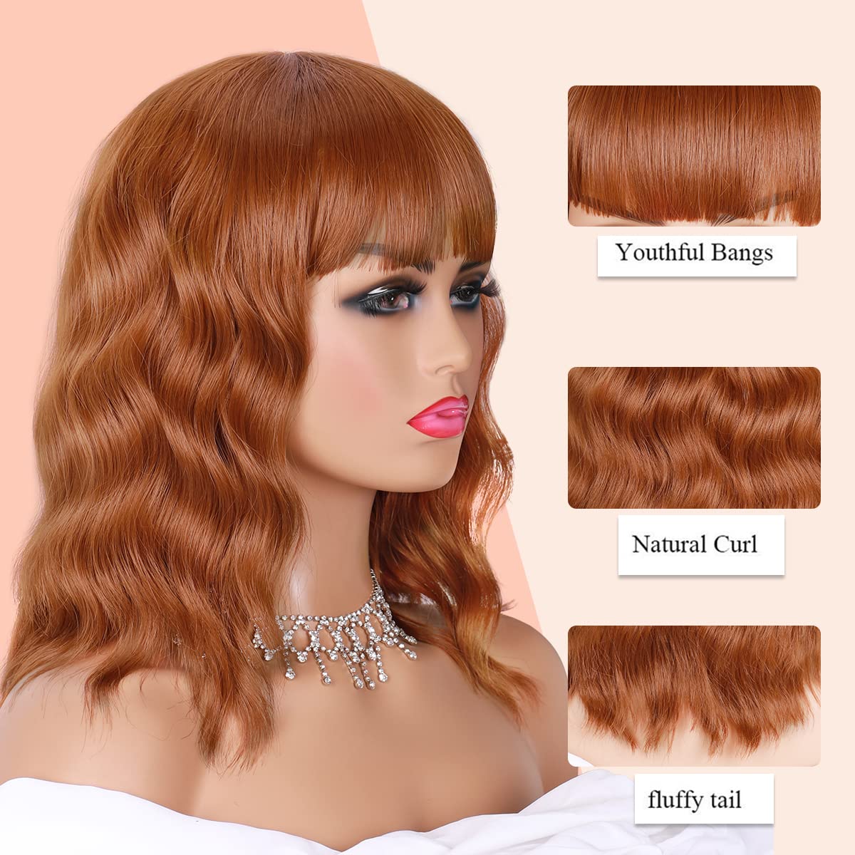 Short Wavy Black Wig with Bangs Bob Short Charming Curly Wavy Wig Women Synthetic Natural Looking Heat Resistant Fiber Hair for Women (14inch)