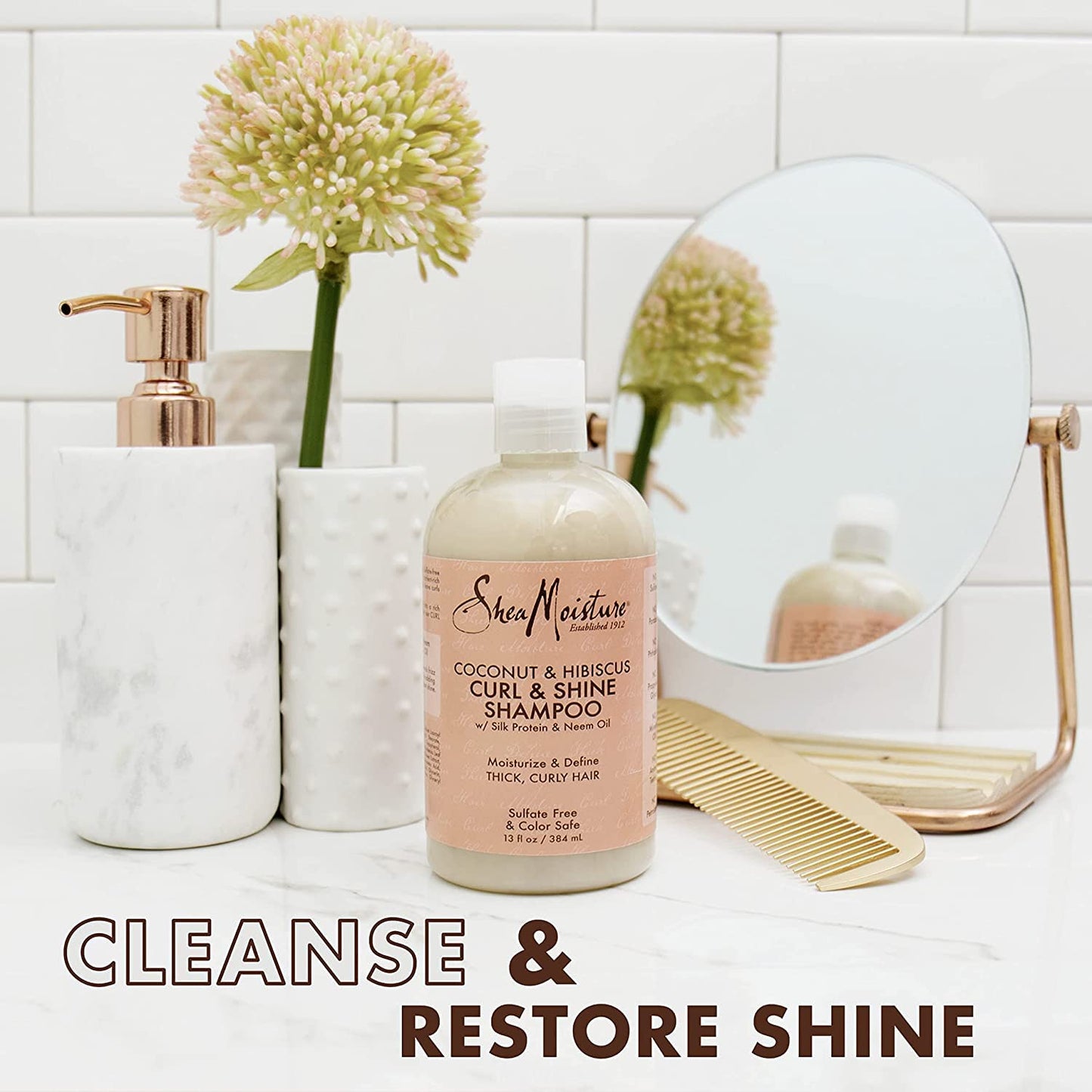 Shea Moisture Shampoo and Conditioner Set, Coconut and Hibiscus Curl & Shine 13-oz ea Bundled with Curl Enhancing Smoothie 12-oz. Curly Hair Products with Coconut Oil, Vitamin E & Neem Oil